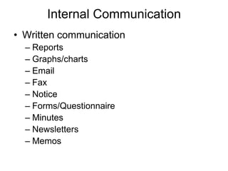 Internal Communication
• Written communication
  – Reports
  – Graphs/charts
  – Email
  – Fax
  – Notice
  – Forms/Questionnaire
  – Minutes
  – Newsletters
  – Memos
 