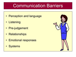 Communication Barriers

• Perception and language

• Listening

• Pre-judgement

• Relationships

• Emotional responses

• Systems
 