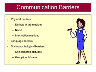 Communication Barriers
• Physical barriers

   – Defects in the medium

   – Noise

   – Information overload

• Language barriers

• Socio-psychological barriers

   – Self centered attitudes

   – Group identification
 