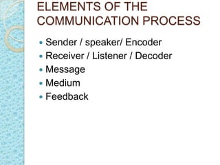 ELEMENTS OF THE
COMMUNICATION PROCESS
 Sender / speaker/ Encoder
 Receiver / Listener / Decoder
 Message
 Medium
 Feedback
 