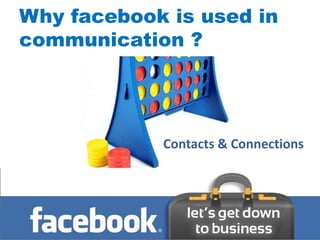Why facebook is used in
communication ?
   Interactivity




                   Contacts & Connections
                       Brand advocacy
 