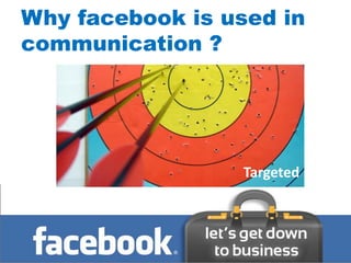 Why facebook is used in
communication ?
   Interactivity




                          Targeted
                   Brand advocacy
 