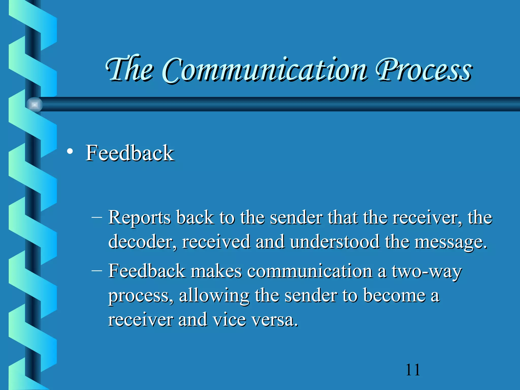The Communication Process
• Feedback
– Reports back to the sender that the receiver, the
decoder, received and understood the message.
– Feedback makes communication a two-way
process, allowing the sender to become a
receiver and vice versa.
11

 