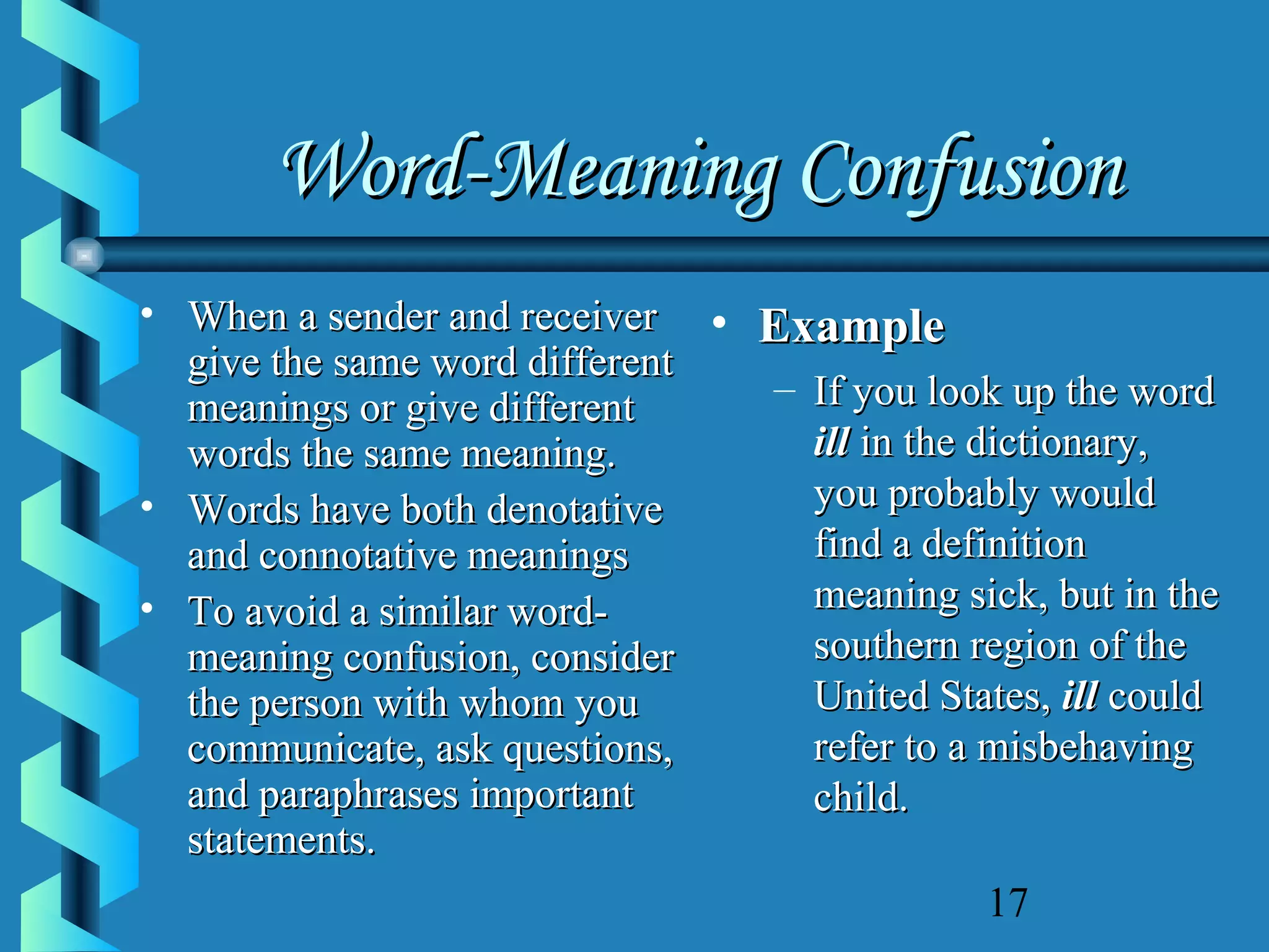 Word-Meaning Confusion
• When a sender and receiver • Example
give the same word different
– If you look up the word
meanings or give different
ill in the dictionary,
words the same meaning.
you probably would
• Words have both denotative
find a definition
and connotative meanings
meaning sick, but in the
• To avoid a similar wordsouthern region of the
meaning confusion, consider
United States, ill could
the person with whom you
refer to a misbehaving
communicate, ask questions,
and paraphrases important
child.
statements.
17

 