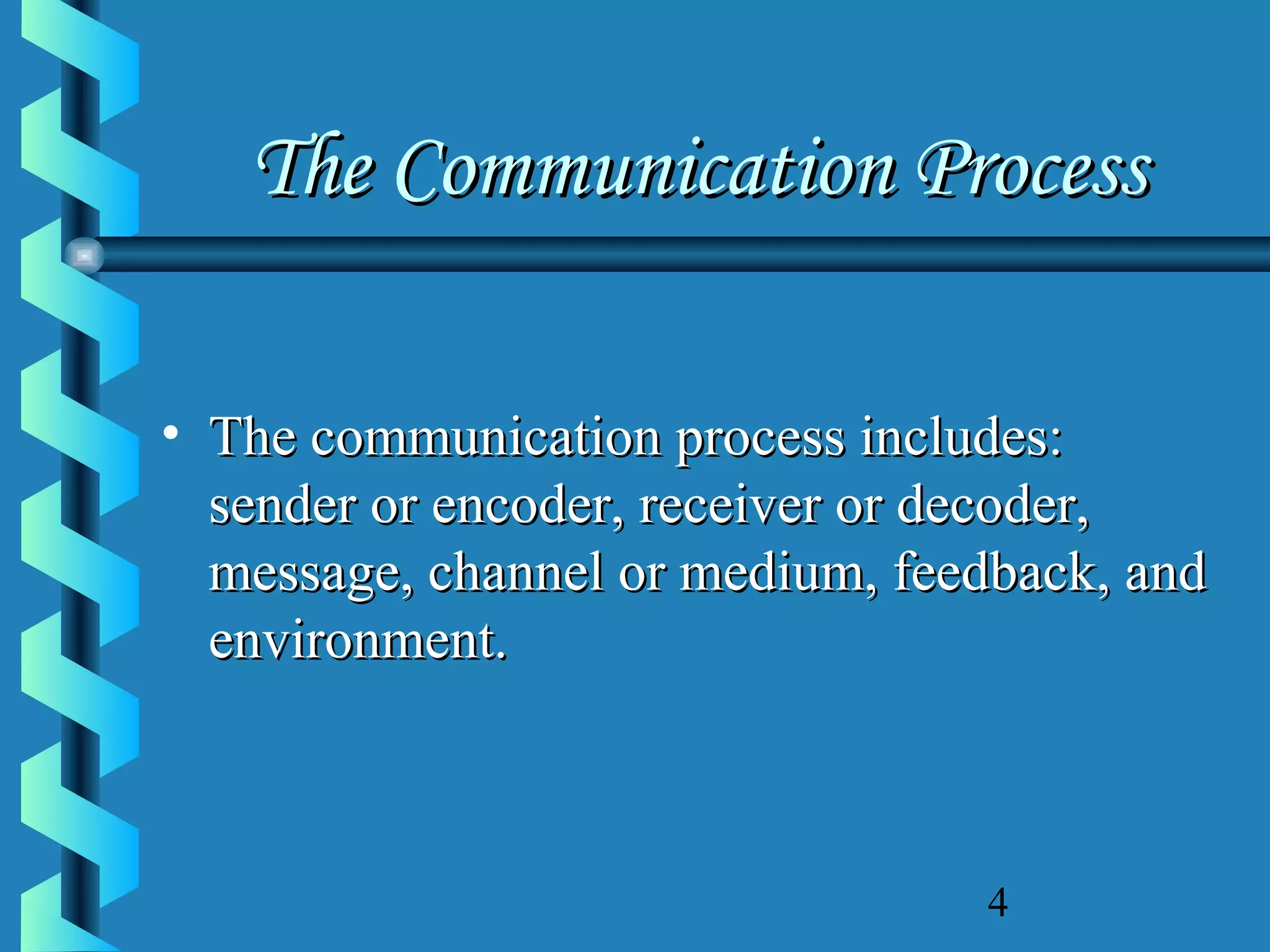 The Communication Process
• The communication process includes:
sender or encoder, receiver or decoder,
message, channel or medium, feedback, and
environment.

4

 