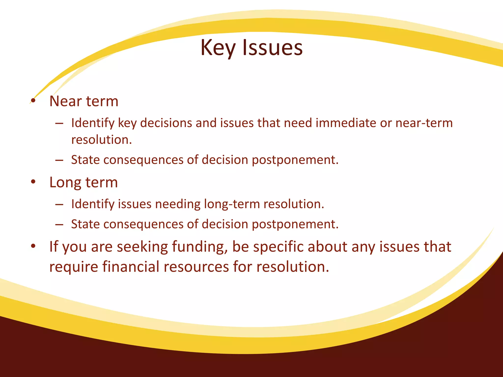 Key Issues
• Near term
– Identify key decisions and issues that need immediate or near-term
resolution.
– State consequences of decision postponement.
• Long term
– Identify issues needing long-term resolution.
– State consequences of decision postponement.
• If you are seeking funding, be specific about any issues that
require financial resources for resolution.
 
