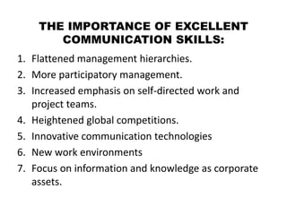 THE IMPORTANCE OF EXCELLENT
COMMUNICATION SKILLS:
1. Flattened management hierarchies.
2. More participatory management.
3. Increased emphasis on self-directed work and
project teams.
4. Heightened global competitions.
5. Innovative communication technologies
6. New work environments
7. Focus on information and knowledge as corporate
assets.
 