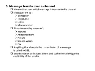 3. Message travels over a channel
 the medium over which message is transmitted is channel
 Message sent by :
 computer
Telephone
Letter
Memorandum
 May also sent by means of :
 reports
Announcement
Picture
Spoken words
Fax
 Anything that disrupts the transmission of a message
is called NOISE.
 any disruption will causes errors and such errors damage the
credibility of the sender.
 