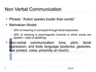 9/4/14 
Non Verbal Communication 
 Phrase: “Action speaks louder than words” 
 Mehrabian Model: 
 55% of meaning is conveyed through facial expression 
 38% of meaning is para-linguistic (manner in which words are 
spoken – style of speaking) 
 Non-verbal communication: tone, pitch, facial 
expression, and body language (postures, gestures, 
eye contact, voice, proximity an touch). 
 