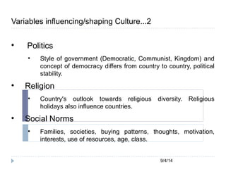 9/4/14 
Variables influencing/shaping Culture...2 
 Politics 
 Style of government (Democratic, Communist, Kingdom) and 
concept of democracy differs from country to country, political 
stability. 
 Religion 
 Country's outlook towards religious diversity. Religious 
holidays also influence countries. 
 Social Norms 
 Families, societies, buying patterns, thoughts, motivation, 
interests, use of resources, age, class. 
 