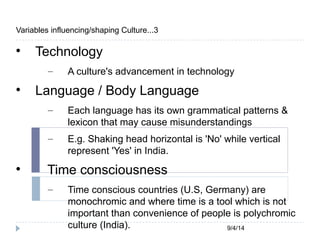 9/4/14 
Variables influencing/shaping Culture...3 
 Technology 
– A culture's advancement in technology 
 Language / Body Language 
– Each language has its own grammatical patterns & 
lexicon that may cause misunderstandings 
– E.g. Shaking head horizontal is 'No' while vertical 
represent 'Yes' in India. 
 Time consciousness 
– Time conscious countries (U.S, Germany) are 
monochromic and where time is a tool which is not 
important than convenience of people is polychromic 
culture (India). 
 