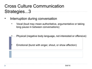 9/4/14 
Cross Culture Communication 
Strategies...3 
 Interruption during conversation 
 Vocal (loud may mean authoritative, argumentative or taking 
long pause in between conversations) 
 Physical (negative body language, not interested or offensive) 
 Emotional (burst with anger, shout, or show affection) 
 