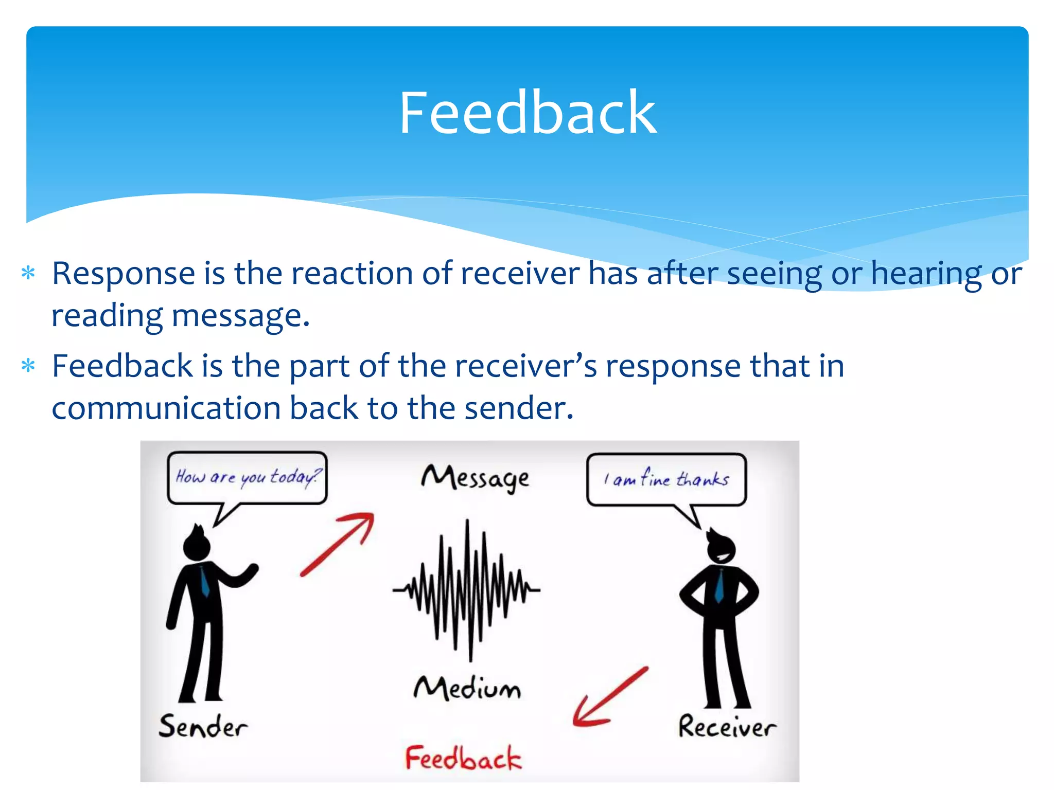 Feedback 
 Response is the reaction of receiver has after seeing or hearing or 
reading message. 
 Feedback is the part of the receiver’s response that in 
communication back to the sender. 
 