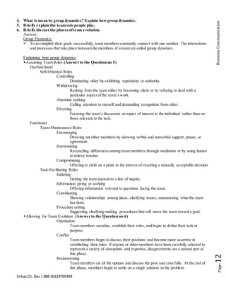 SribasCh. Das | 088-01614705499
Page-12BusinessCommunication
4. What is mean by group dynamics? Explain howgroup dynamics.
5. Briefly explain the team role people play.
6. Briefly discuss the phasesofteam evolution.
Answer:
Group Dynamics:
 To accomplish their goals successfully, team members constantly connect with one another. The interactions
and processes that take place between the members of a team are called group dynamics.
Explaining how group dynamics
Assuming Team Roles (Answer to the Question no 5)
Dysfunctional
Self-Oriented Roles
Controlling
Dominating other by exhibiting superiority or authority.
Withdrawing
Retiring from the team either by becoming silent or by refusing to deal with a
particular aspect of the team’s work.
Attention seeking
Calling attention to oneself and demanding recognition from other.
Diverting
Focusing the team’s discussion on topics of interest to the individual rather than on
those relevant to the task.
Functional
Team-Maintenance Roles
Encouraging
Drawing out other members by showing verbal and nonverbal support, praise, or
agreement.
Harmonizing
Reconciling differences among team members through mediation or by using humor
to relieve tension.
Compromising
Offering to yield on a point in the interest of reaching a mutually acceptable decision.
Task-Facilitating Roles
Initiating
Getting the team started on a line of inquiry.
Information giving or seeking
Offering information relevant to questions facing the team.
Coordinating
Showing relationships among ideas, clarifying issues, summarizing what the team
has done.
Procedure setting
Suggesting clarifying-making procedures that will move the team toward a goal.
Allowing for Team Evolution (Answer to the Question no 6)
Orientation
Team members socialize, establish their roles, and begin to define their task or
purpose.
Conflict
Team members begin to discuss their positions and become more assertive in
establishing their roles. If anyone or other members have been carefully selected to
represent a variety of viewpoints and expertise, disagreements are a natural part of
this phase.
Brainstorming
Team members air all the options and discuss the pros and cons fully. At the end of
this phase, members begin to settle on a single solution to the problem.
 