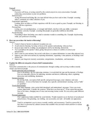 SribasCh. Das | 088-01614705499
Page-9BusinessCommunication
Yourself
Egocentrism:
Excessive self-focus, or seeing yourself as the centralconcern in every conversation. Example:
redirecting conversations to your own problems.
Defensiveness:
Acting threatened and feeling like you must defend what you have said or done. Example: assuming
others’ comments are veiled criticisms of you.
Experiential superiority:
Looking down on others as if their experience with life is not as good as yours. Example: not listening to
those with less experience.
Personalbias:
Letting your own predispositions, or strongly held beliefs, interfere with your ability to interpret
information correctly. Example: assuming that people are generally truthful (or deceitful).
Pseudo listening:
Pretending to listen but letting your mind or attention wander to something else. Example: daydreaming
while your professor is lecturing.
5. Howcan you reduce the barrier oflistening?
Answer:
 Control whatever barriers to physical reception you can.
 Avoid selective listening by trying to focus on the speaker and analyzing what you hear.
 Keep an open mind by avoiding any prejudgment and by not listening defensively.
 Try to paraphrase the speaker’s ideas,giving that person a chance to confirm or correct your
interpretation.
 Don’t count on your memory, but record, write down, or capture information in some other physical way.
 Improve your short term memory by repeating information, organizing it into patterns, or breaking it into
shorter lists.
 Improve your long-term memory association, categorization, visualization, and mnemonics.
6. Explain the different categories ofnonverbal Communication.
Answer:
Nonverbal communication is the process of communication through sending and receiving wordless (mostly
visual) cues between people.
Facial expression and eye behavior
Face is the primary site for expressing emotions; it reveals both the type and the intensity of feelings.
Eyes are especially effective for indicating attention and interest, influencing others, regulating
interaction and establishing dominance.
Gesture & posture
By moving body, can express both specific and generalmessages,some voluntary and some
involuntary. A wave of the hand, for example, has a specific and intentional meaning, such as ‘hello’
or ‘good-bye’.
Vocal characteristics
Like body language, voice carries both intentional and unintentional messages. Voice can create
various impressions. Consider the sentence “What have you been up to?” If one repeat that question
four or five times, changing tone of voice and stressing various words. We can convey quite different
message.
Personalappearance
One’s appearance helps establish his social identity. People respond to us on the basis of our physical
attractiveness. Our grooming, our clothing, our accessories,our style –all modify our appearance.
Touch
Touch is an important way to convey warmth, comfort, and reassurance. Touch is so powerful, in
fact,that it is governed by cultural customs that establish who can touch whom and how in various
circumstances.
 