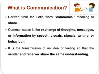 What is Communication?
 Derived from the Latin word "communis," meaning to
share.
 Communication is the exchange of thoughts, messages,
or information by speech, visuals, signals, writing, or
behaviour.
 It is the transmission of an idea or feeling so that the
sender and receiver share the same understanding.
 