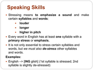  Stressing means to emphasize a sound and make
certain syllables and words:
 louder
 longer
 higher in pitch
 Every word in English has at least one syllable with a
primary stress or emphasis.
 It is not only essential to stress certain syllables and
words, but we must also de-stress other syllables
and words.
Examples:
 English –> [ING glish] (1st syllable is stressed; 2nd
syllable is slightly de-stressed)
Speaking Skills
 