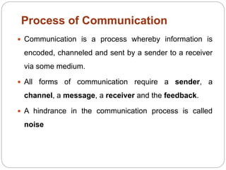 Process of Communication
 Communication is a process whereby information is
encoded, channeled and sent by a sender to a receiver
via some medium.
 All forms of communication require a sender, a
channel, a message, a receiver and the feedback.
 A hindrance in the communication process is called
noise
 