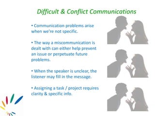 • Communication problems arise
when we’re not specific.
• The way a miscommunication is
dealt with can either help prevent
an issue or perpetuate future
problems.
• When the speaker is unclear, the
listener may fill in the message.
• Assigning a task / project requires
clarity & specific info.
Difficult & Conflict Communications
 