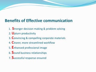 Benefits of Effective communication
1. Stronger decision making & problem solving
2. Upturn productivity
3. Convincing & compelling corporate materials
4. Clearer, more streamlined workflow
5. Enhanced professional image
6. Sound business relationships
7. Successful response ensured
 