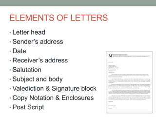 ELEMENTS OF LETTERS
• Letter head
• Sender’s address
• Date
• Receiver’s address
• Salutation
• Subject and body
• Valediction & Signature block
• Copy Notation & Enclosures
• Post Script
 
