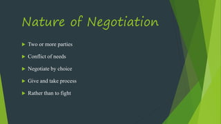 Nature of Negotiation
Two or more parties
Conflict of needs
Negotiate by choice
Give and take process
Rather than to fight