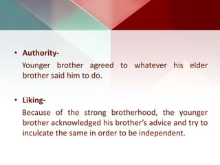 • Authority-
Younger brother agreed to whatever his elder
brother said him to do.
• Liking-
Because of the strong brotherhood, the younger
brother acknowledged his brother’s advice and try to
inculcate the same in order to be independent.
 