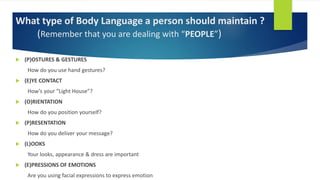 What type of Body Language a person should maintain ?
(Remember that you are dealing with “PEOPLE”)
 (P)OSTURES & GESTURES
How do you use hand gestures?
 (E)YE CONTACT
How’s your “Light House”?
 (O)RIENTATION
How do you position yourself?
 (P)RESENTATION
How do you deliver your message?
 (L)OOKS
Your looks, appearance & dress are important
 (E)PRESSIONS OF EMOTIONS
Are you using facial expressions to express emotion
 