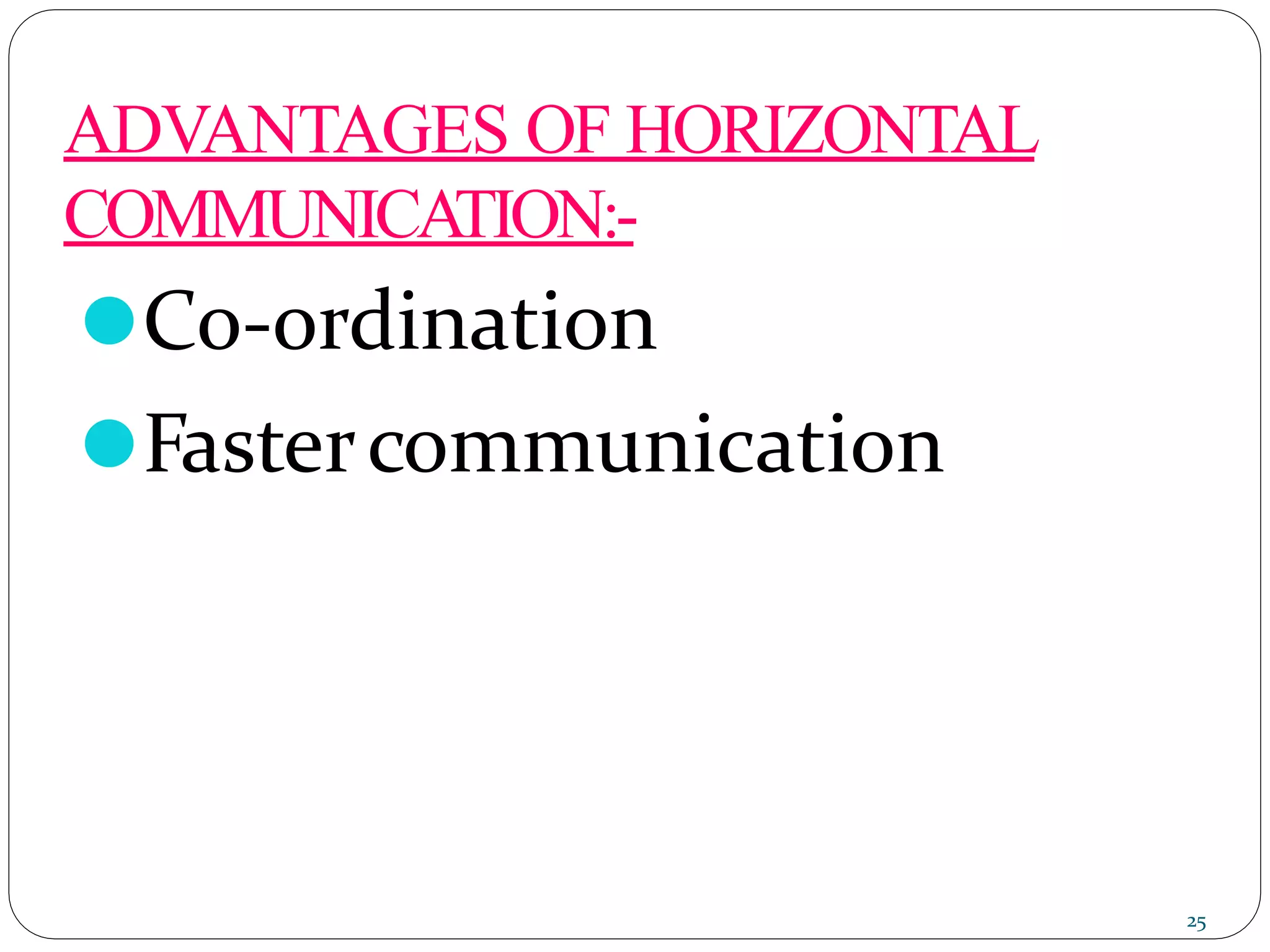 ADVANTAGES OF HORIZONTAL
COMMUNICATION:-
⚫Co-ordination
⚫Fastercommunication
25
 