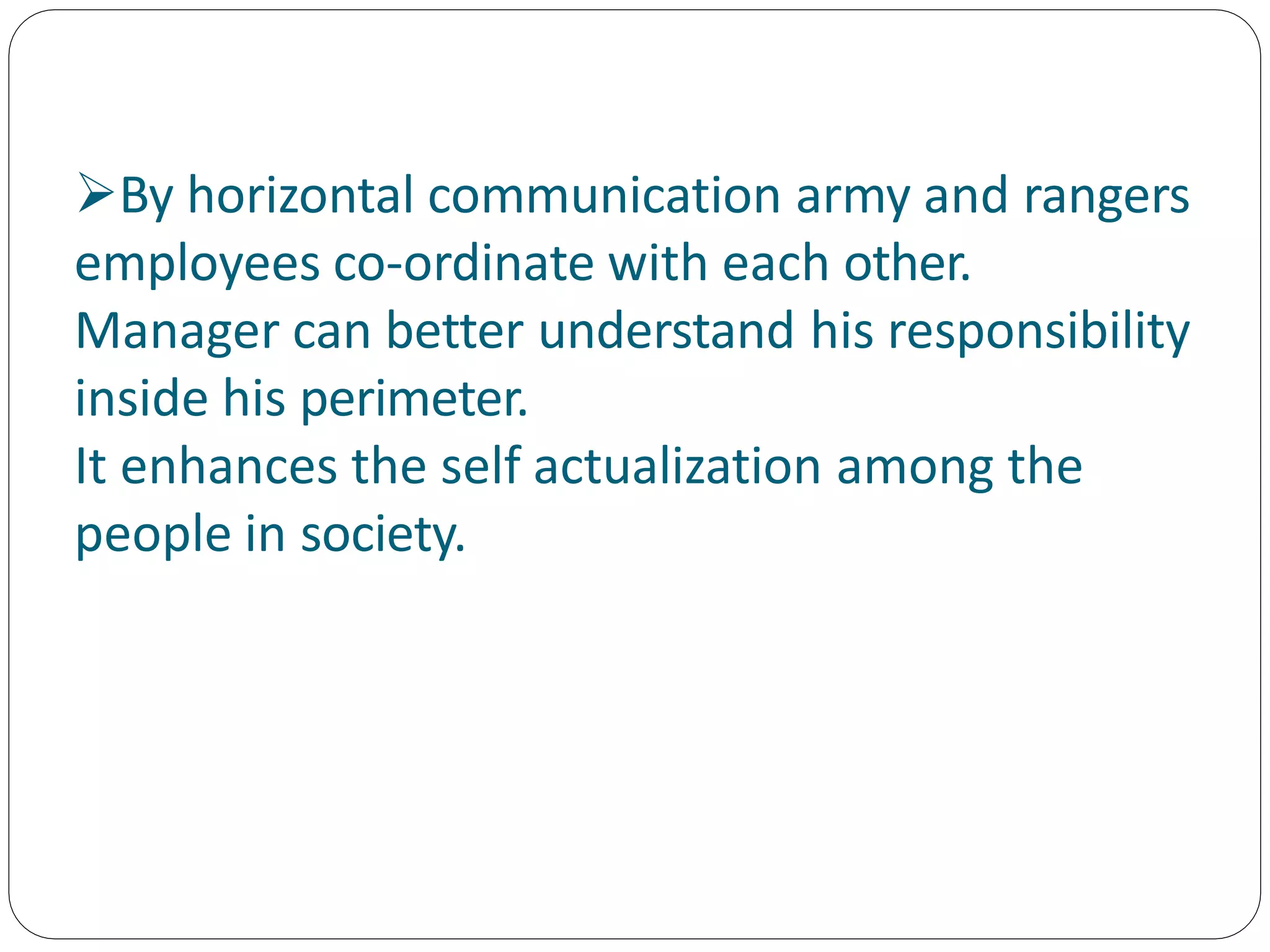 By horizontal communication army and rangers
employees co-ordinate with each other.
Manager can better understand his responsibility
inside his perimeter.
It enhances the self actualization among the
people in society.
 