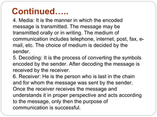 Continued…..
4. Media: It is the manner in which the encoded
message is transmitted. The message may be
transmitted orally or in writing. The medium of
communication includes telephone, internet, post, fax, e-
mail, etc. The choice of medium is decided by the
sender.
5. Decoding: It is the process of converting the symbols
encoded by the sender. After decoding the message is
received by the receiver.
6. Receiver: He is the person who is last in the chain
and for whom the message was sent by the sender.
Once the receiver receives the message and
understands it in proper perspective and acts according
to the message, only then the purpose of
communication is successful.
 