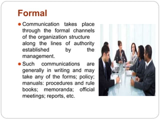 Formal
⚫ Communication takes place
through the formal channels
of the organization structure
of authority
by the
along the lines
established
management.
⚫ Such communications are
generally in writing and may
take any of the forms; policy;
manuals: procedures and rule
books; memoranda; official
meetings; reports, etc.
 