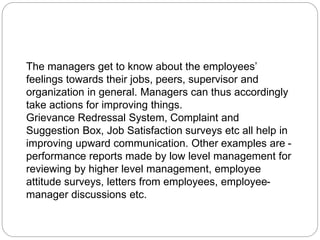 The managers get to know about the employees’
feelings towards their jobs, peers, supervisor and
organization in general. Managers can thus accordingly
take actions for improving things.
Grievance Redressal System, Complaint and
Suggestion Box, Job Satisfaction surveys etc all help in
improving upward communication. Other examples are -
performance reports made by low level management for
reviewing by higher level management, employee
attitude surveys, letters from employees, employee-
manager discussions etc.
 