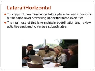 Lateral/Horizontal
⚫ This type of communication takes place between persons
at the same level or working under the same executive.
⚫ The main use of this is to maintain coordination and review
activities assigned to various subordinates.
 