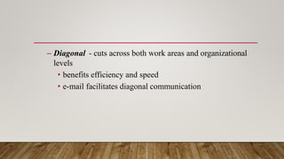 – Diagonal - cuts across both work areas and organizational
levels
• benefits efficiency and speed
• e-mail facilitates diagonal communication
 