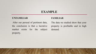 EXAMPLE
UNFAMILIAR
After our perusal of pertinent data,
the conclusion is that a lucrative
market exists for the subject
property.
FAMILIAR
The data we studied show that your
property is profitable and in high
demand.
 