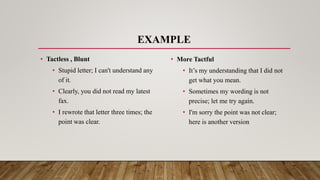 EXAMPLE
• Tactless , Blunt
• Stupid letter; I can't understand any
of it.
• Clearly, you did not read my latest
fax.
• I rewrote that letter three times; the
point was clear.
• More Tactful
• It’s my understanding that I did not
get what you mean.
• Sometimes my wording is not
precise; let me try again.
• I'm sorry the point was not clear;
here is another version
 
