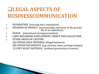 1. DEFAMATION (injuring one’s reputation)
2. INVASION OF PRIVACY (unreasonable intervene in the private
life of an individual).
3. FRAUD (intentional misrepresentation)
4. LAWS REGARDING EMPLOYMENT, CREDIT AND COLLECTION
5. OTHER AREAS OF CAUTION
(A) UNMAILABLE MATERIAL (illegal business)
(B) COPIED DOCUMENTS (e,g currency notes, postage stamps)
C) COPY RIGHT MATERIAL (without permission of owner)
 