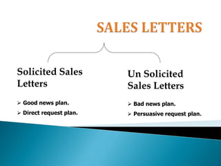Solicited Sales
Letters
 Good news plan.
 Direct request plan.
Un Solicited
Sales Letters
 Bad news plan.
 Persuasive request plan.
 