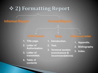 Informal Report Formal Report
Preliminaries Body Reference letter
1. Title page.
2. Letter of
Authorization.
3. Letter of
transmittal.
4. Table of
contents
1. Introduction.
2. Text.
3. Terminal section
(conclusions &
recommendations)
1. Appendix.
2. Bibliography
3. Index.
 