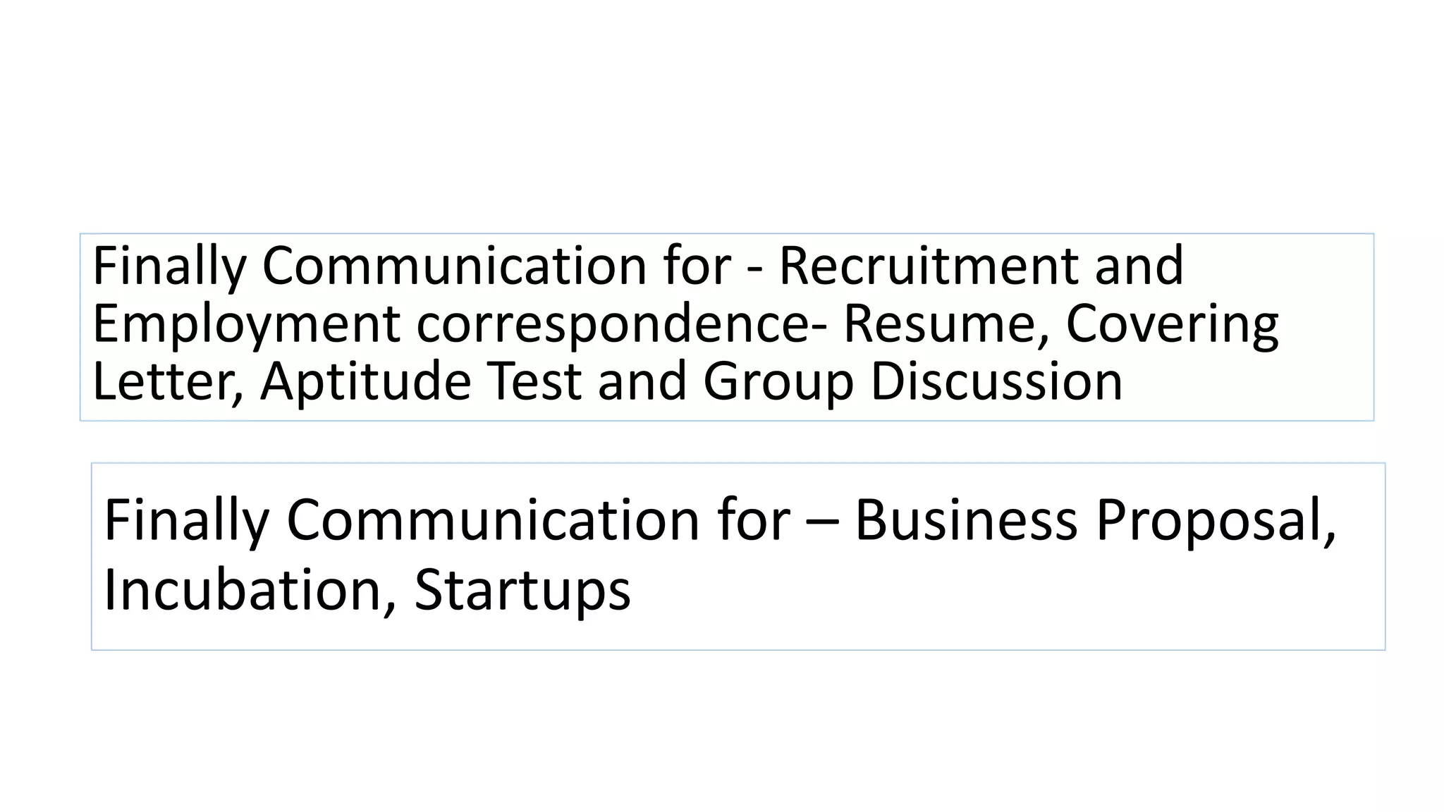 Finally Communication for - Recruitment and
Employment correspondence- Resume, Covering
Letter, Aptitude Test and Group Discussion
Finally Communication for – Business Proposal,
Incubation, Startups
 