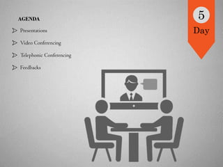 AGENDA
Presentations
Video Conferencing
Telephonic Conferencing
Feedbacks
5
Day
 