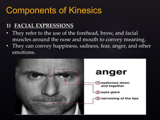 1) FACIAL EXPRESSIONS
• They refer to the use of the forehead, brow, and facial
muscles around the nose and mouth to convey meaning.
• They can convey happiness, sadness, fear, anger, and other
emotions.
 