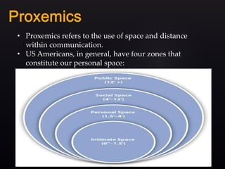 • Proxemics refers to the use of space and distance
within communication.
• US Americans, in general, have four zones that
constitute our personal space:
 
