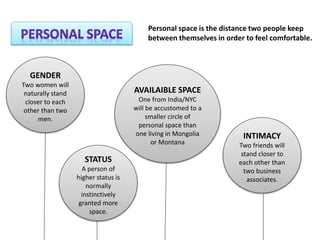 GENDER
Two women will
naturally stand
closer to each
other than two
men.
Personal space is the distance two people keep
between themselves in order to feel comfortable.
STATUS
A person of
higher status is
normally
instinctively
granted more
space.
INTIMACY
Two friends will
stand closer to
each other than
two business
associates.
AVAILAIBLE SPACE
One from India/NYC
will be accustomed to a
smaller circle of
personal space than
one living in Mongolia
or Montana
 