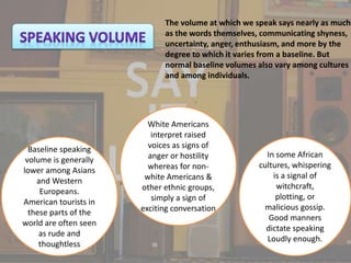 The volume at which we speak says nearly as much
as the words themselves, communicating shyness,
uncertainty, anger, enthusiasm, and more by the
degree to which it varies from a baseline. But
normal baseline volumes also vary among cultures
and among individuals.
Baseline speaking
volume is generally
lower among Asians
and Western
Europeans.
American tourists in
these parts of the
world are often seen
as rude and
thoughtless
White Americans
interpret raised
voices as signs of
anger or hostility
whereas for non-
white Americans &
other ethnic groups,
simply a sign of
exciting conversation
In some African
cultures, whispering
is a signal of
witchcraft,
plotting, or
malicious gossip.
Good manners
dictate speaking
Loudly enough.
 