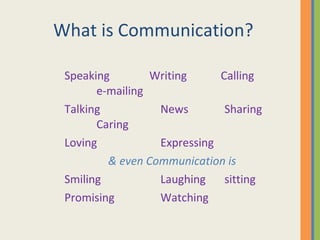 What is Communication? Speaking  Writing   Calling e-mailing Talking News   Sharing Caring Loving Expressing    & even Communication is Smiling   Laughing   sitting   Promising   Watching 