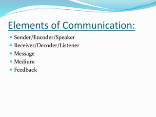 Elements of Communication:
 Sender/Encoder/Speaker
 Receiver/Decoder/Listener
 Message
 Medium
 Feedback
 