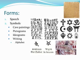 Forms:
1. Speech
2. Symbols
 Cave paintings
 Pictograms
 Ideograms
 Writing
 Alphabet
 