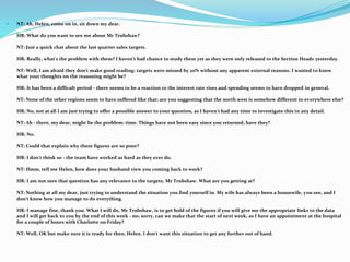  NT: Ah, Helen, come on in, sit down my dear.
HR: What do you want to see me about Mr Trubshaw?
NT: Just a quick chat about the last quarter sales targets.
HR: Really, what's the problem with them? I haven't had chance to study them yet as they were only released to the Section Heads yesterday.
NT: Well, I am afraid they don't make good reading: targets were missed by 20% without any apparent external reasons. I wanted to know
what your thoughts on the reasoning might be?
HR: It has been a difficult period - there seems to be a reaction to the interest rate rises and spending seems to have dropped in general.
NT: None of the other regions seem to have suffered like that; are you suggesting that the north west is somehow different to everywhere else?
HR: No, not at all I am just trying to offer a possible answer to your question, as I haven't had any time to investigate this in any detail.
NT: Ah - there, my dear, might lie the problem: time. Things have not been easy since you returned, have they?
HR: No.
NT: Could that explain why these figures are so poor?
HR: I don't think so - the team have worked as hard as they ever do.
NT: Hmm, tell me Helen, how does your husband view you coming back to work?
HR: I am not sure that question has any relevance to the targets, Mr Trubshaw. What are you getting at?
NT: Nothing at all my dear, just trying to understand the situation you find yourself in. My wife has always been a housewife, you see, and I
don't know how you manage to do everything.
HR: I manage fine, thank you. What I will do, Mr Trubshaw, is to get hold of the figures if you will give me the appropriate links to the data
and I will get back to you by the end of this week - no, sorry, can we make that the start of next week, as I have an appointment at the hospital
for a couple of hours with Charlotte on Friday?
NT: Well, OK but make sure it is ready for then, Helen. I don't want this situation to get any further out of hand.
 